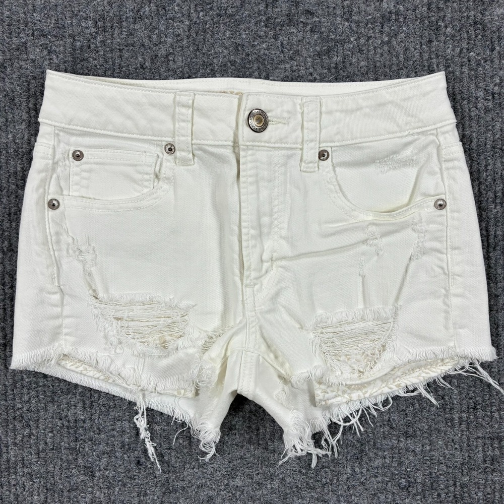 American Eagle Hi-Rise Shortie Womens 2 Whiye Denim Raw Hem Stretch Low Rise